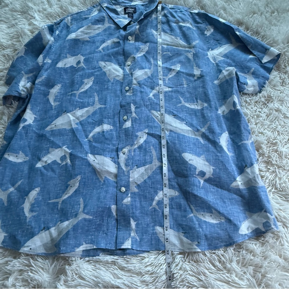 Lands' End 100% Linen Blue Shark Novelty Print Casual Shirt Size XXL - Picture 7 of 7